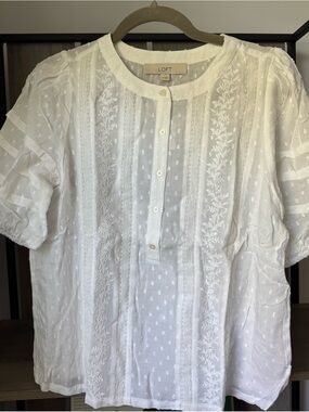 LOFT White Sheer Embroidered Button-Front Blouse